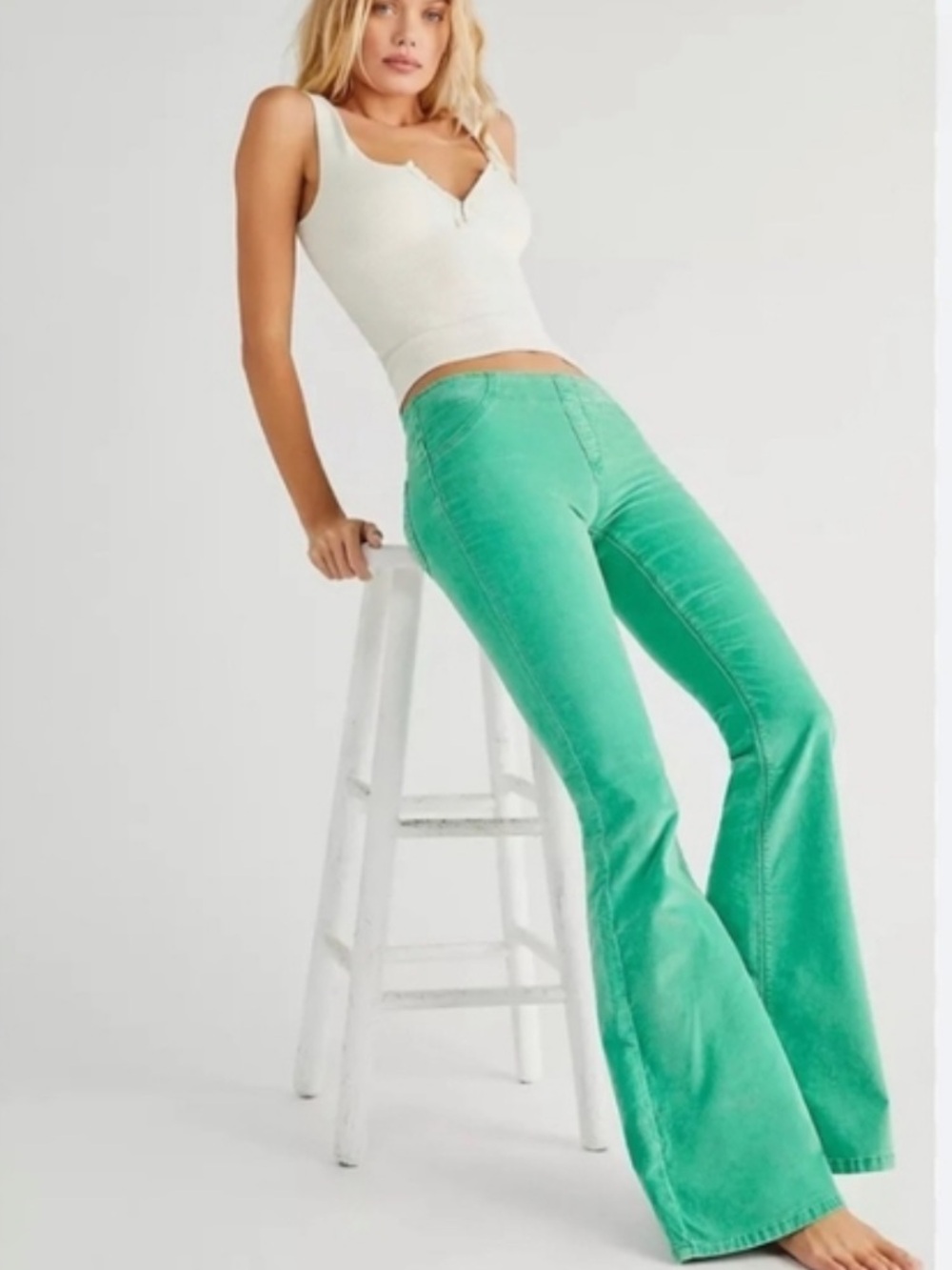Free People | Women’s Green We The Free Penny Pull On Flare Raw Hem Cord Jean 32